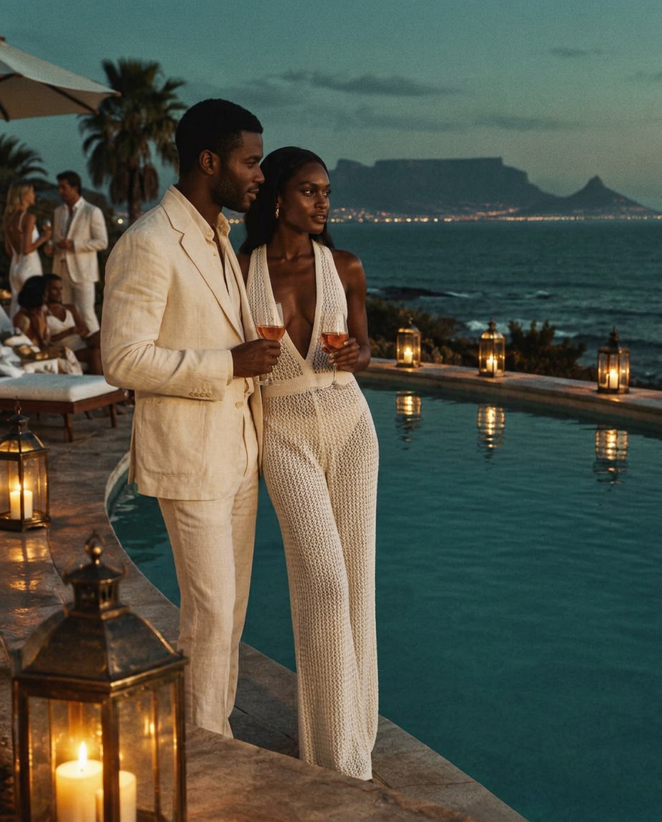 A Black couple in white eveningwear with rosé beside a lantern-lit pool at dusk