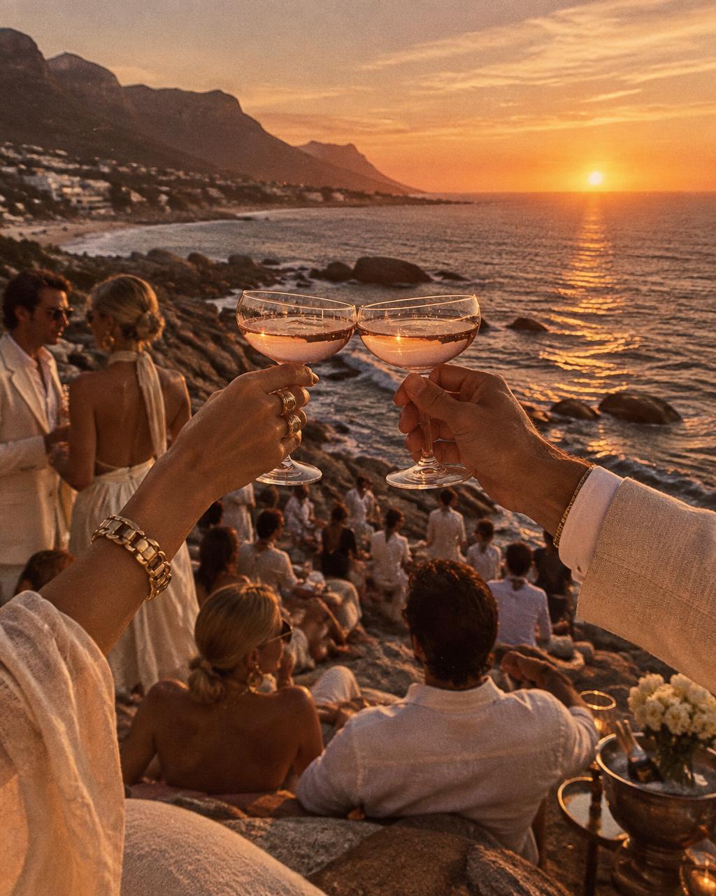 Two glasses of rosé clinking over the Atlantic at sunset